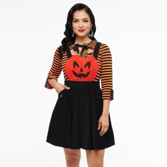 RARE Unique Vintage Black & Orange Jack-O-Lantern Pinafore Coverall Dress 14 - Picture 1 of 7